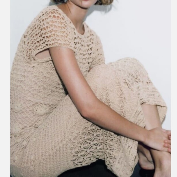 Zara cream sand boho crochet knit short sleeves long dress limited edition NWT - Picture 14 of 14